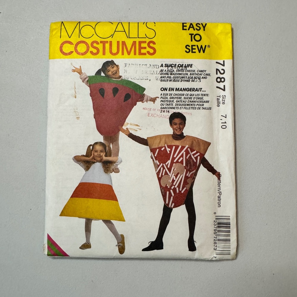 McCall's 7287 Food Costume Sewing Pattern Pizza Candy Corn Multi-Size 7-10 90s